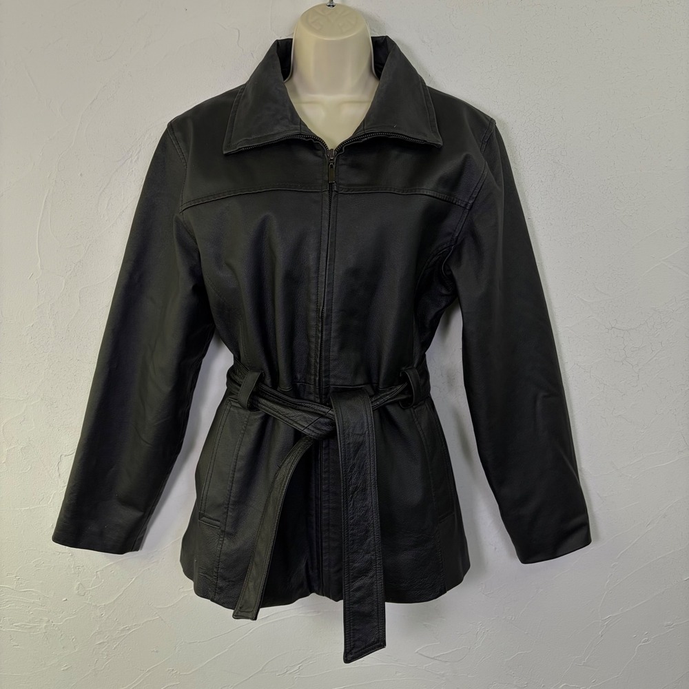 Junction West Genuine Leather Jacket Women Medium Black Belted Zip Up Biker Goth